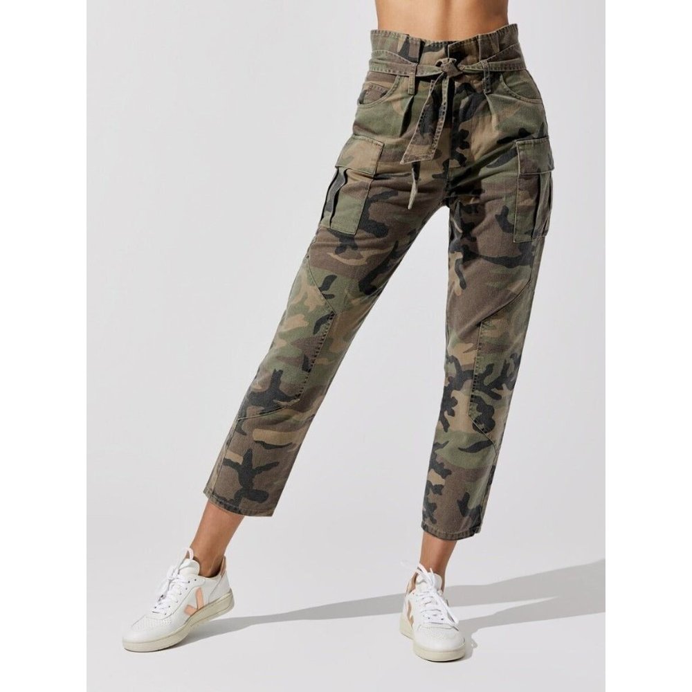 Marissa Webb Bryn Paper Bag Belted Green Camo Print Cargo Pants, Size 6